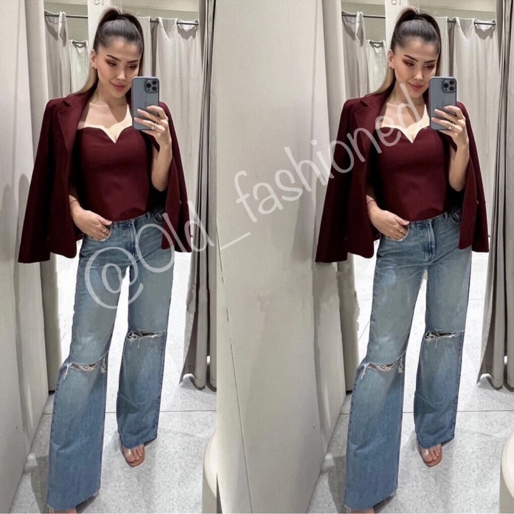 Zara Set - Wine Buttoned Tailored Blazer & Sweetheart Neckline Bustier - Picture 5 of 16